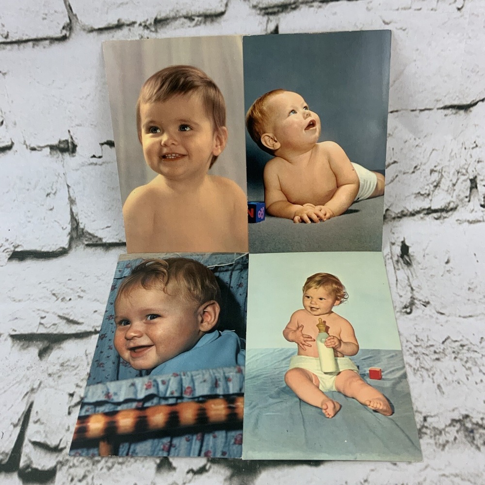Vintage Postcard Lot Of 4 Cute Babies Blue Baby Bottle Smiling Printed In Italy